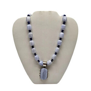 Mine Finds By Jay King DRT Blue Lace Agate Sterling Silver Bead Necklace Pendant